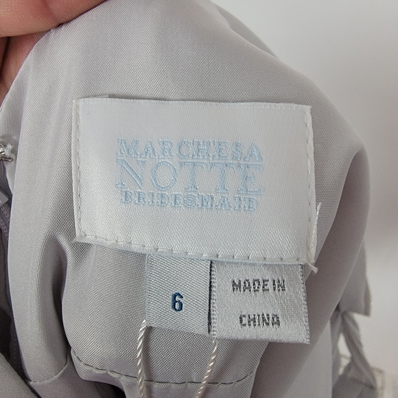 Marchesa Notte Bridesmaids Gown Draped Sleeve Rear Cutout Dove Gray NWT … - Picture 6 of 7